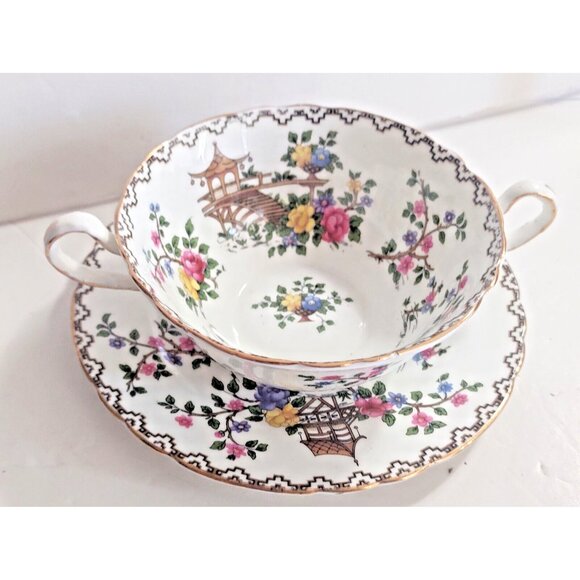 Aynsley England  Pagoda Pattern by John Aynsley Double HANDLE Soup Sets (2) - Picture 2 of 16